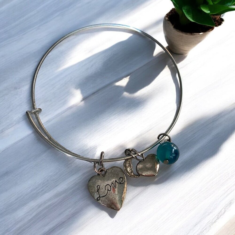 Silver Tone Love Charm Bangle With Moon & Heart Charms Expands To Fit